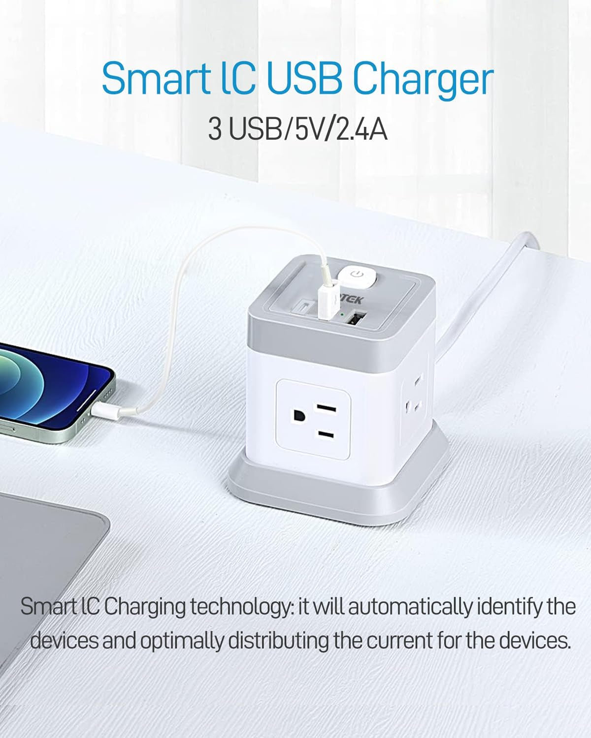 Premium Power Strip with USB-C - 4 Outlets & 3 USB Ports, 5 FT Extension Cord in Elegant White