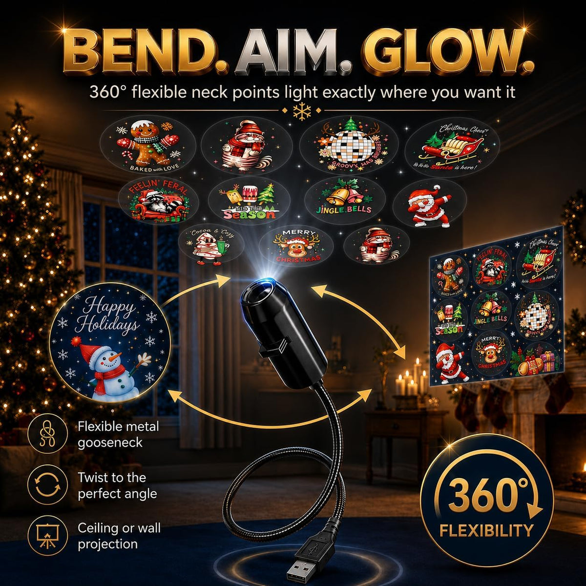 Plug and Play HD Christmas Projector, Holiday Projector Lights Indoor with 6 or 10 Festive Scenes, 5D Holographic Night Light Projector, No Wifi or App Needed, Auto Shut-Off, Silent Operation (10PCS)