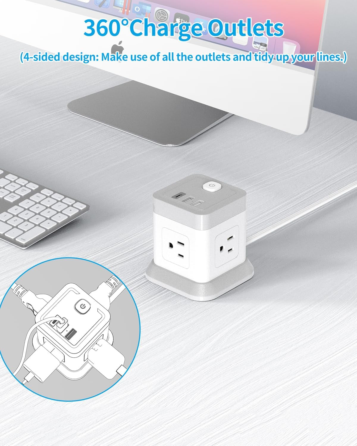 Premium Power Strip with USB-C - 4 Outlets & 3 USB Ports, 5 FT Extension Cord in Elegant White