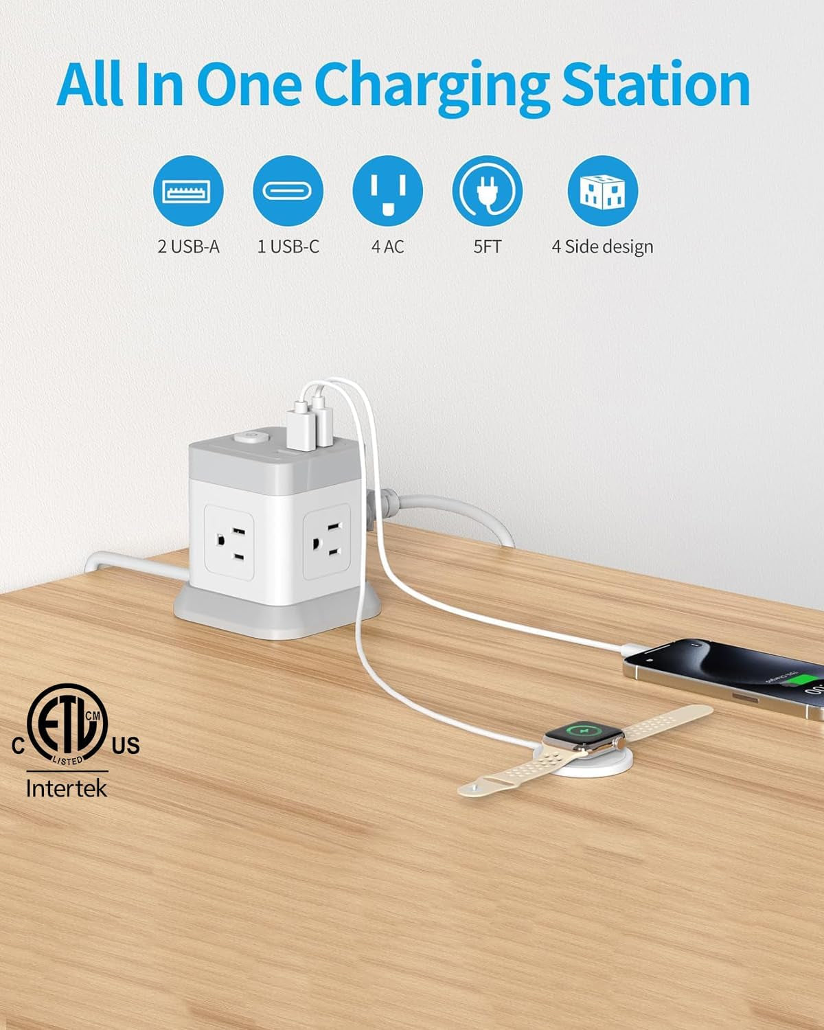 Premium Power Strip with USB-C - 4 Outlets & 3 USB Ports, 5 FT Extension Cord in Elegant White