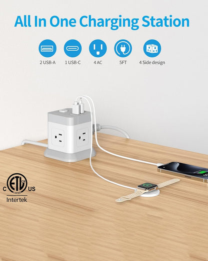 Premium Power Strip with USB-C - 4 Outlets & 3 USB Ports, 5 FT Extension Cord in Elegant White